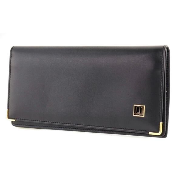 Dunhill Black Leather Long Bifold Wallet Gold Corner Accents – Vintage Luxury - Picture 1 of 7